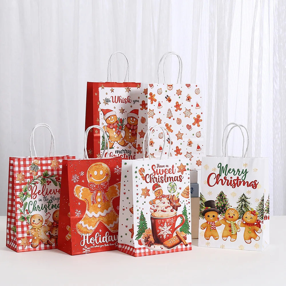 12/24/36pcs Loose Christmas Gift Bags with Handles, 6 Different Designs of Gingerbread Bags for Christmas Gift Packaging
