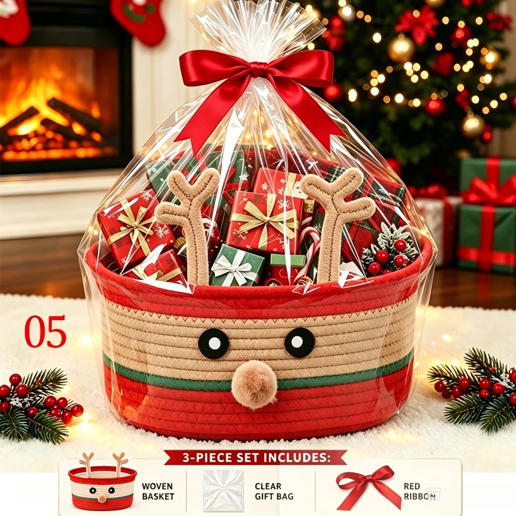 Christmas Woven Basket with Gift Bag, Ribbon Santa Emoticon Woven Storage Bin Empty Basket Holiday Decorative for Xmas Gifts