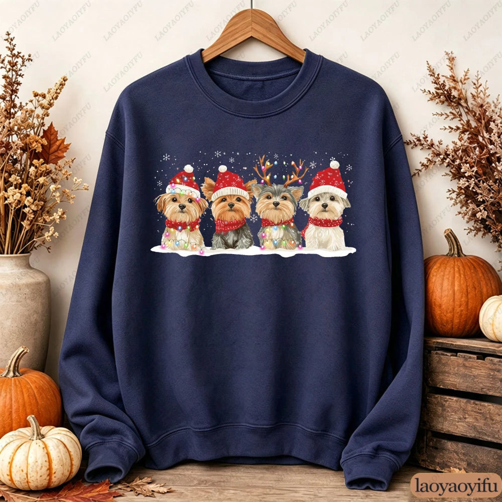 Cute Christmas Dogs Women Sweatshirt Santa Hat Graphic Pullover Autumn Winter Loose Crewneck Jumper Casual Trend Outfits