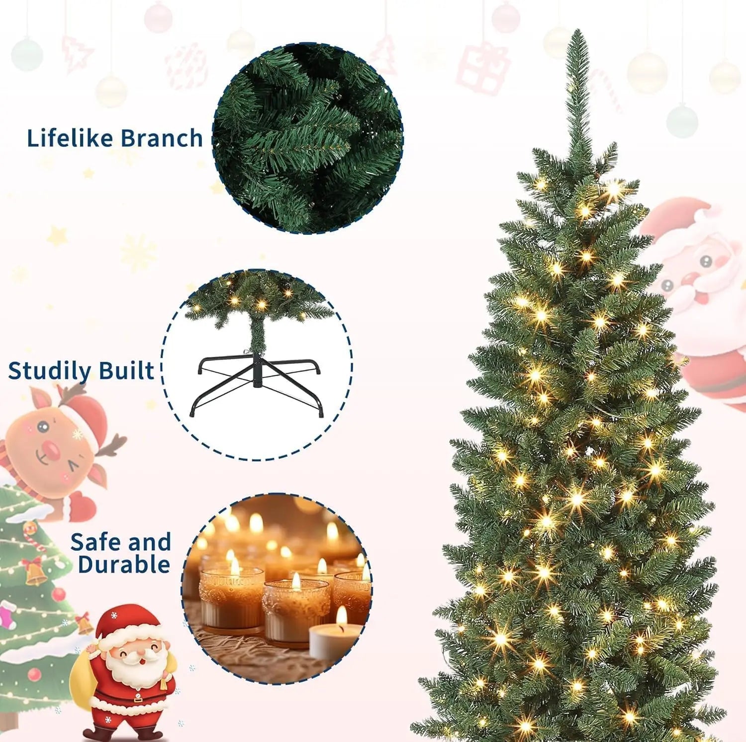 7.5ft Slim Profile Artificial Christmas Tree with Collapsible Metal Stand