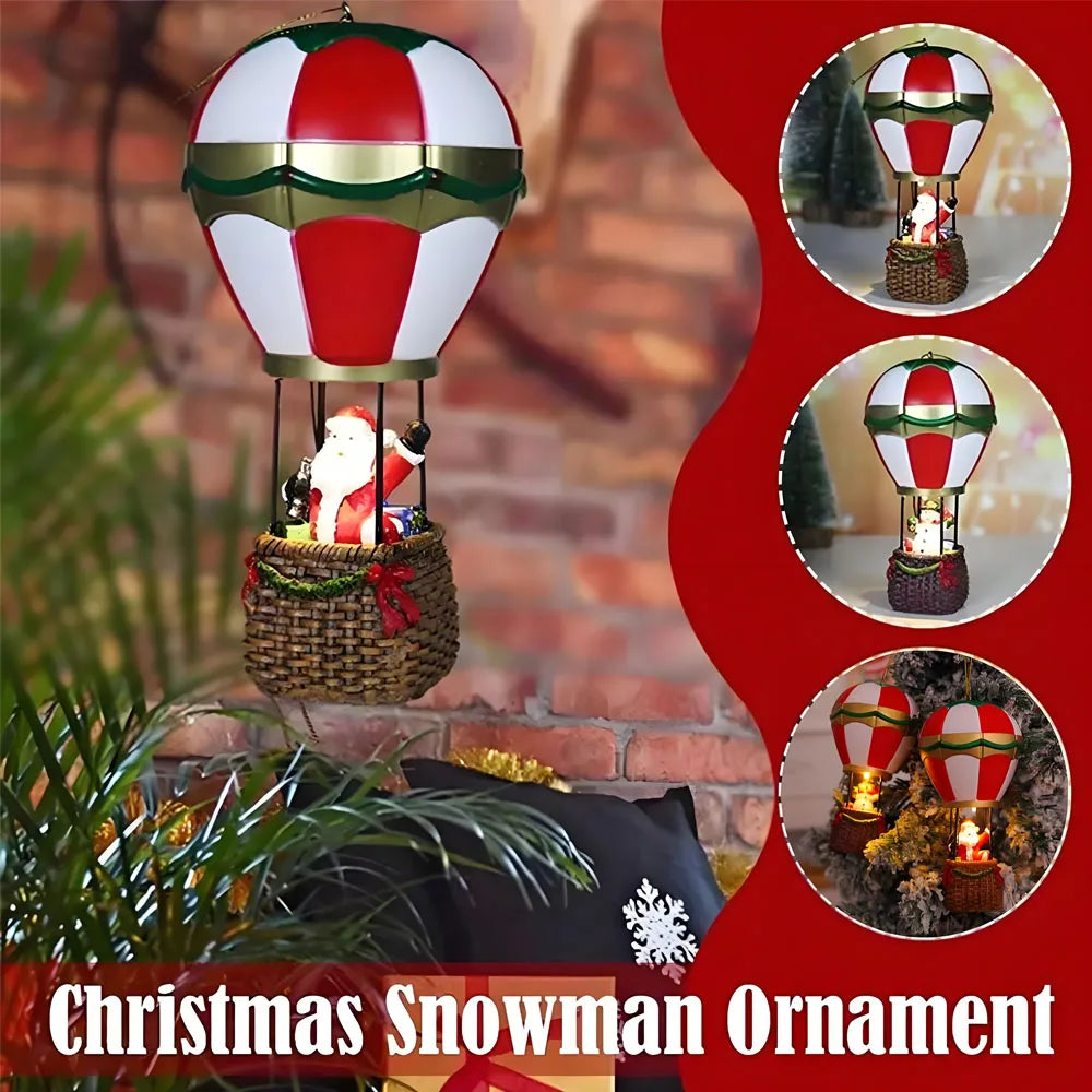 Christmas LED Glowing Ornaments, Snowman Santa Hot Air Balloon with Lights, Resin Miniature Landscape Cabin Xmas Tree Decoration
