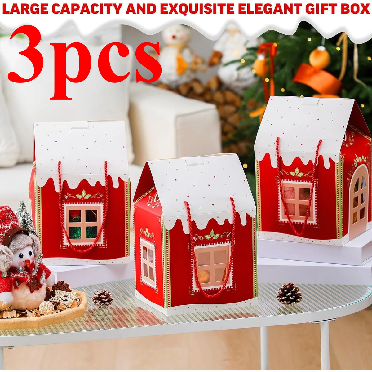1-6 Pcs Christmas House Shaped Box Retro Red Cottage Gift Box with Handle for Party Candy Favors Clear Window Paper Treat Bags