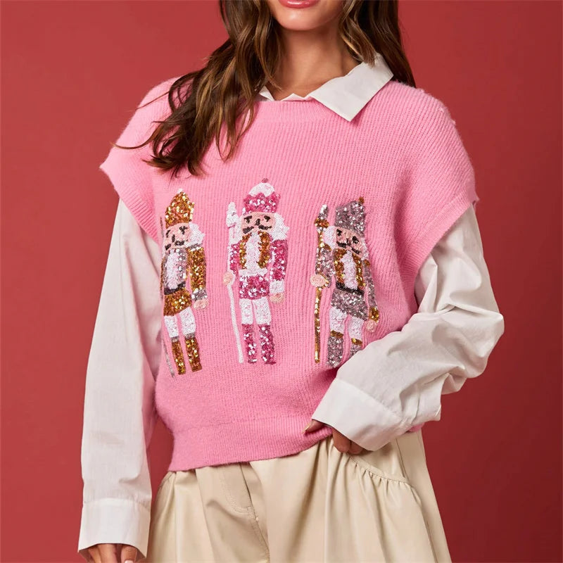 Ugly Christmas Vests for Women Sequin Nutcracker Santa Sweaters Shirt Holiday Sparkly Graphic Crewneck Pullover Top Black