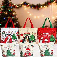 Reusable Christmas Gift Bags Candy Bags Tote Bags with Santa Deer Christmas Tree Design Canvas Handles Grocery Shopping Bags