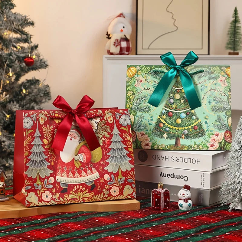 3pcs/pack Christmas Gift Bags Santa Vintage Xmas Tree Bow Ribbon Handle Paper Bags Holiday Present Packaging Storage Bag
