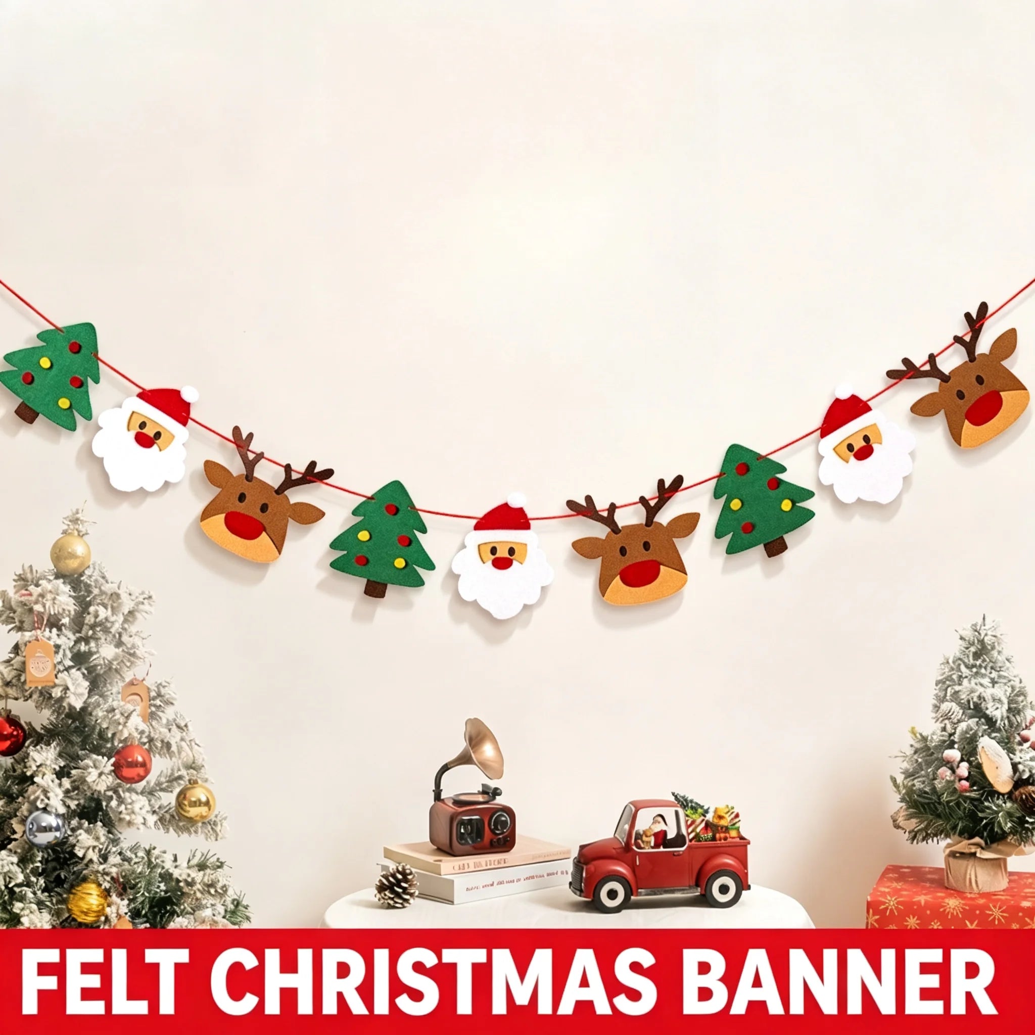 Christmas Felt Banner Bunting With Reindeer, Santa Claus And Xmas Tree Decorations Hanging Garlands For Holiday Winter Parties
