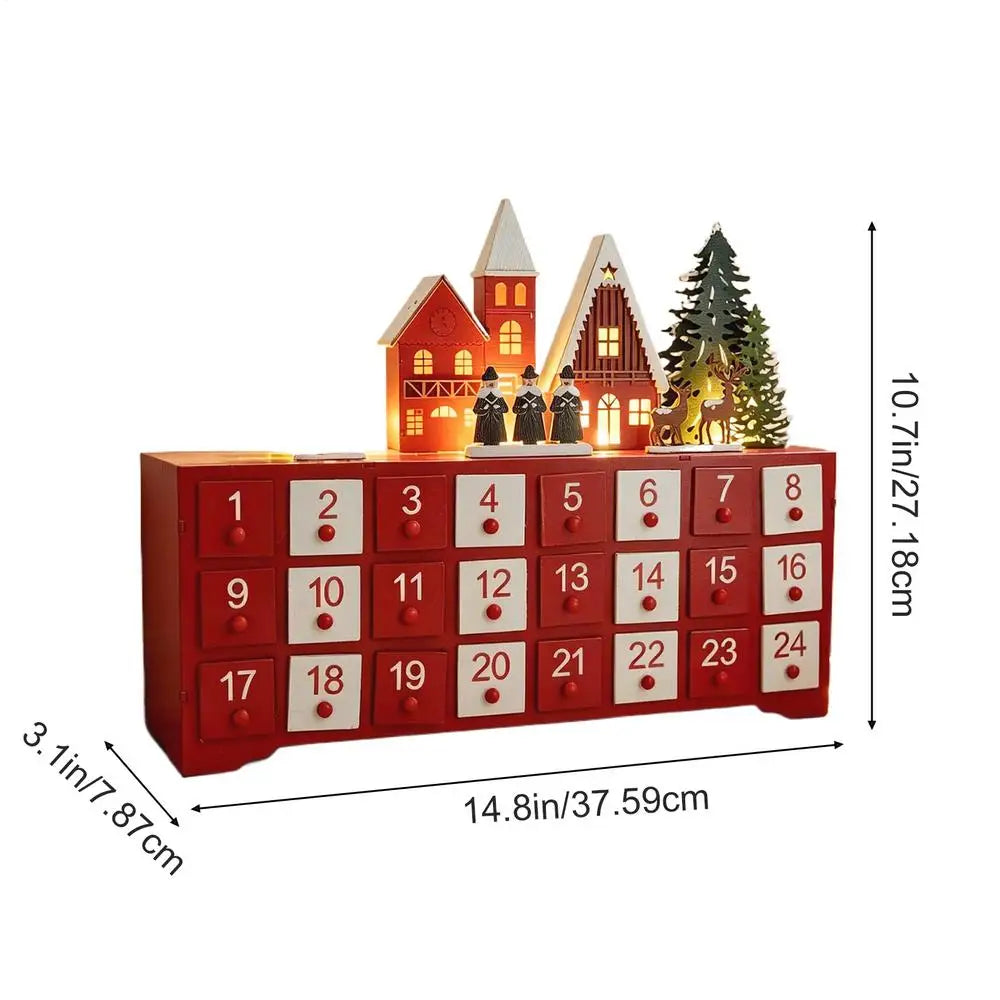 Christmas Countdown House Box Advent 24 Days Wooden Christmas Decor Drawer with LED Light Countdown Calendar for Indoor Holiday