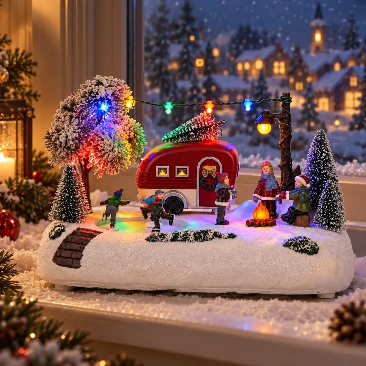 Animated Christmas Village Camper Collection Decor Light Musical Rotating Skating Figures Snowy Winter Tabletop Xmas Ornament