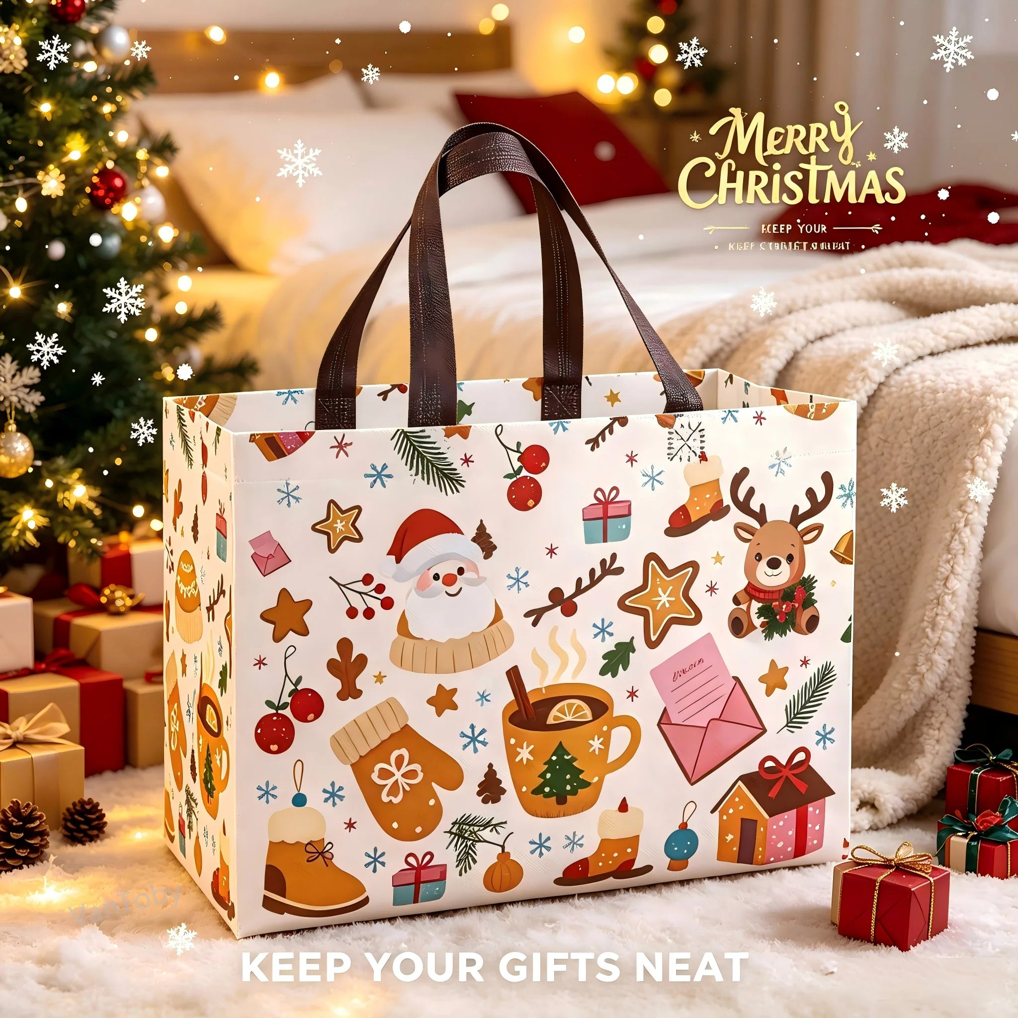 4/8pcs Christmas Handbags with Handles,Santa Reindeer Bell Pattern Reusable Gift Bags,Shopping Bags,Party Gift Bags