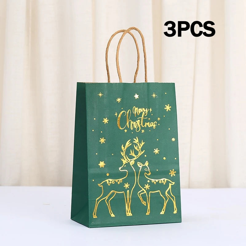 3/12 Pcs Christmas Gift Bag Set, Gold Tree Print Red Green Metallic Edge, Handled Holiday Gift Pouches