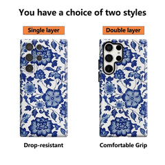 Blue Porcelain Elegance Phone Case for Samsung Galaxy S25 Ultra S24 S23 Ultra Plus Glossy Double-layer Back Cover