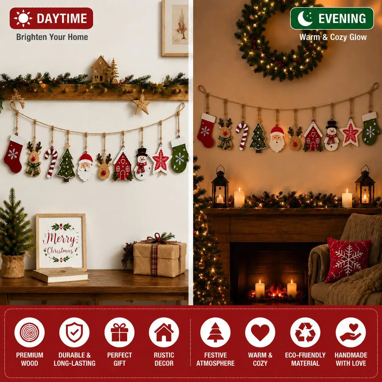 10 pieces Christmas wood decoration, Santa Claus, reindeer, Christmas tree, stars, etc., winter/Christmas house party decoration