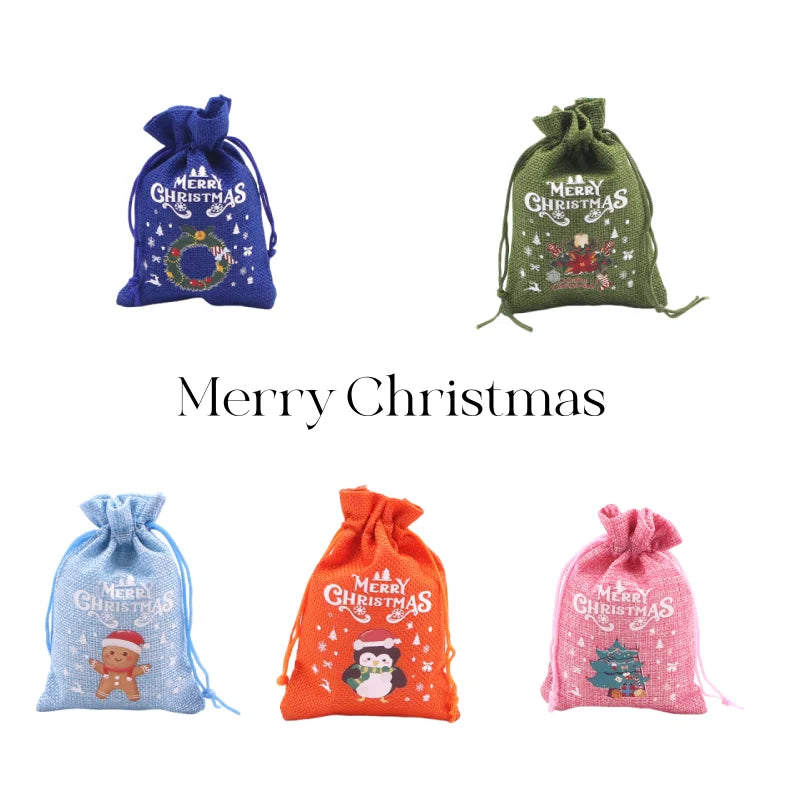 10pcs Christmas Linen Drawstring Bag Christmas Pattern Candy Gift Christmas Small Gift Hand Jewelry Bracelet Apple Bag