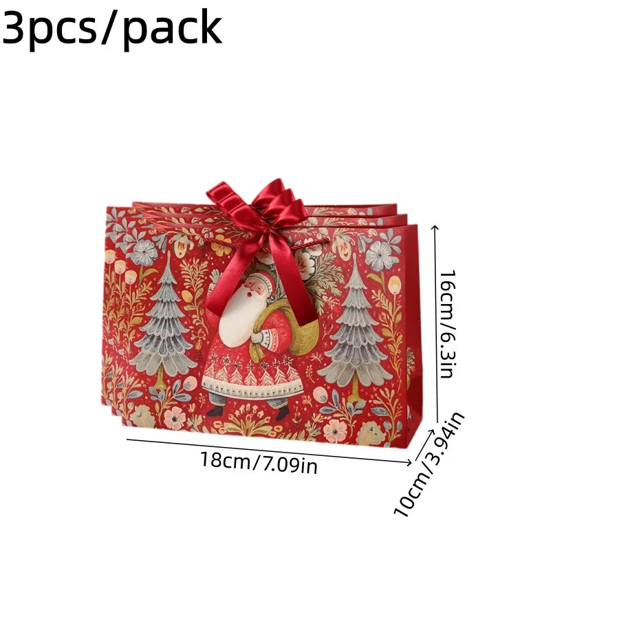3pcs/pack Christmas Gift Bags Santa Vintage Xmas Tree Bow Ribbon Handle Paper Bags Holiday Present Packaging Storage Bag