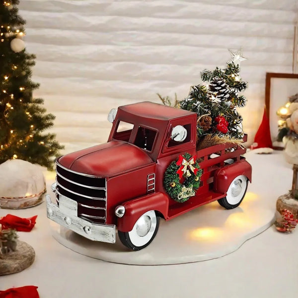 Red Christmas Truck, Warm White Twinkling Lights, Christmas Decorations, Farmhouse Pickup Truck, Truck with Christmas Tree