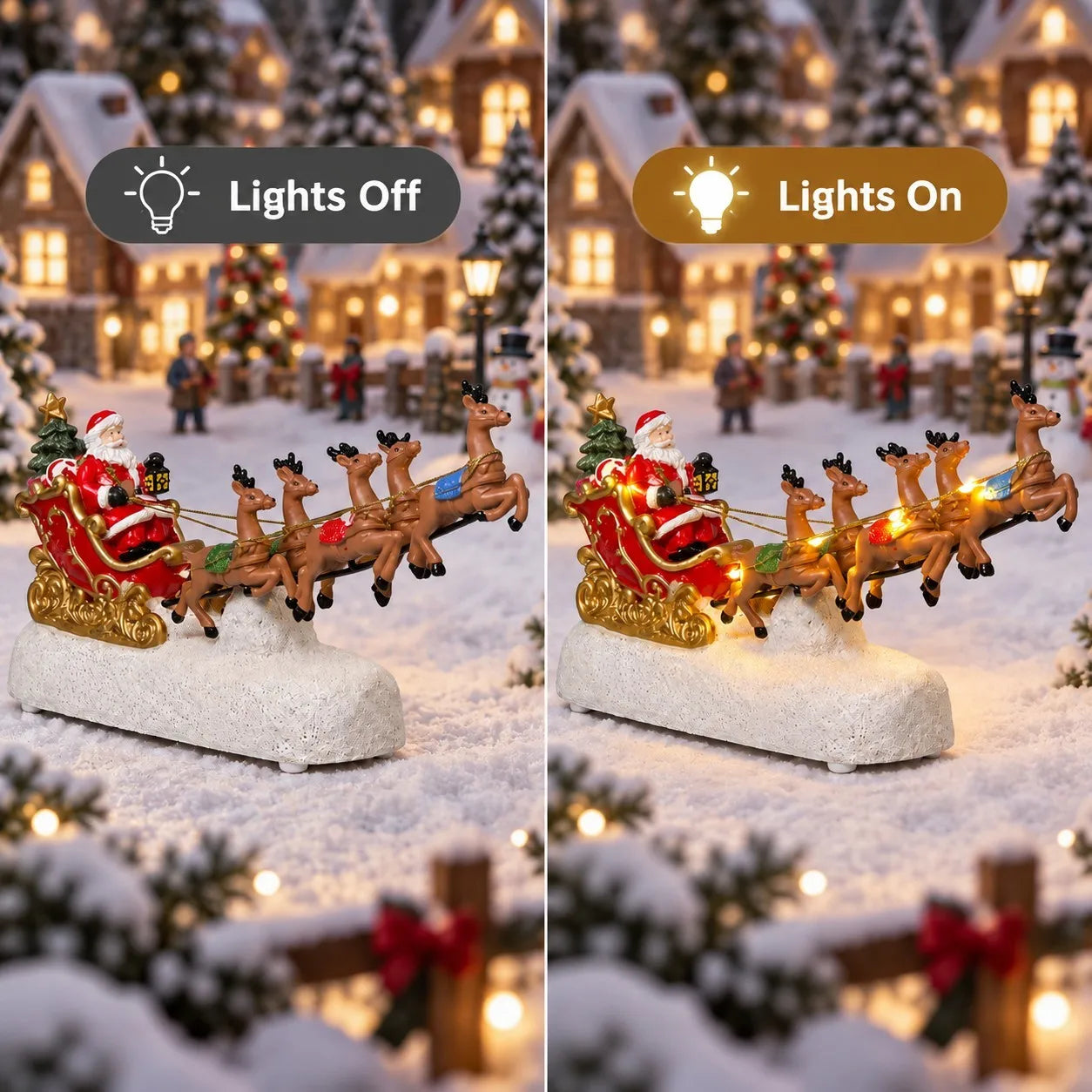 Christmas Village Decoration Santa Sleigh Reindeer Figurine Lighted Musical Christmas Fireplace Tabletop Holiday Home Decor Gift
