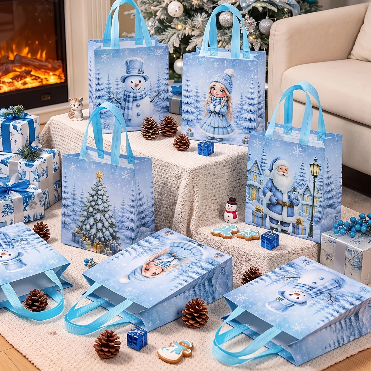 12 Pcs Blue Christmas Non Woven Tote Bags, Snowman, Snow Maiden, Christmas Tree Handbags, Reusable Xmas Gift Packaging Bags