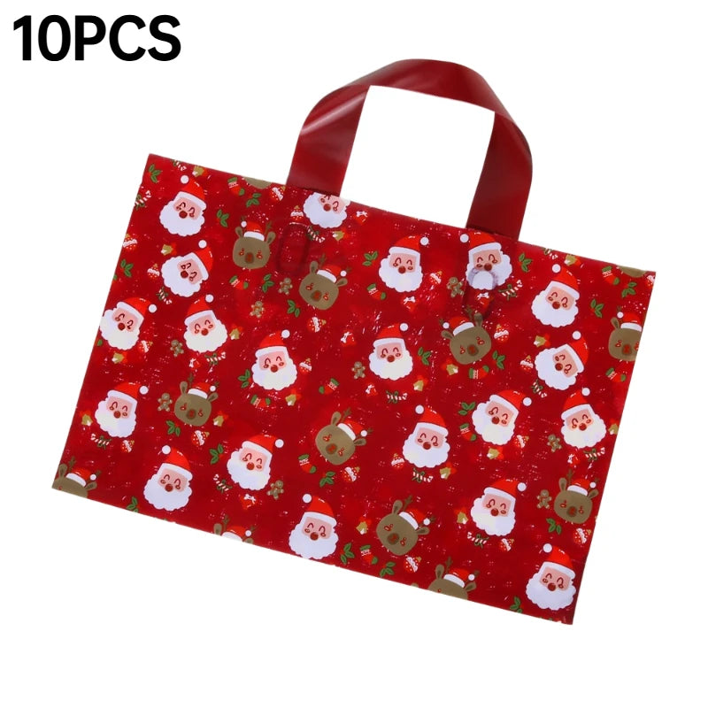 10 Pcs Christmas Gift Bags Mixed Plastic Tote Bags Reusable Candy Packaging Bags For Xmas Party Holiday Decor Friend Gifts