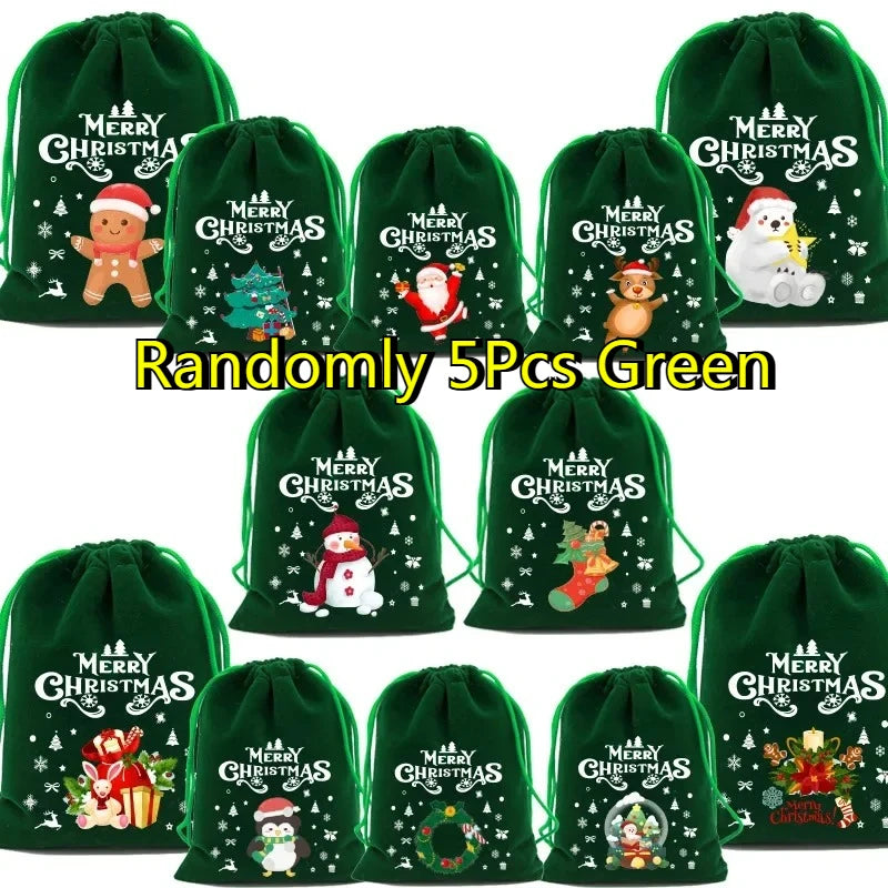 1/3/5Pcs Christmas Gift Bags 15x20cm Drawstring Pouch Santa Candy Bags Velvet Drawstring Bags for Christmas Eve Apple Gifts Bag