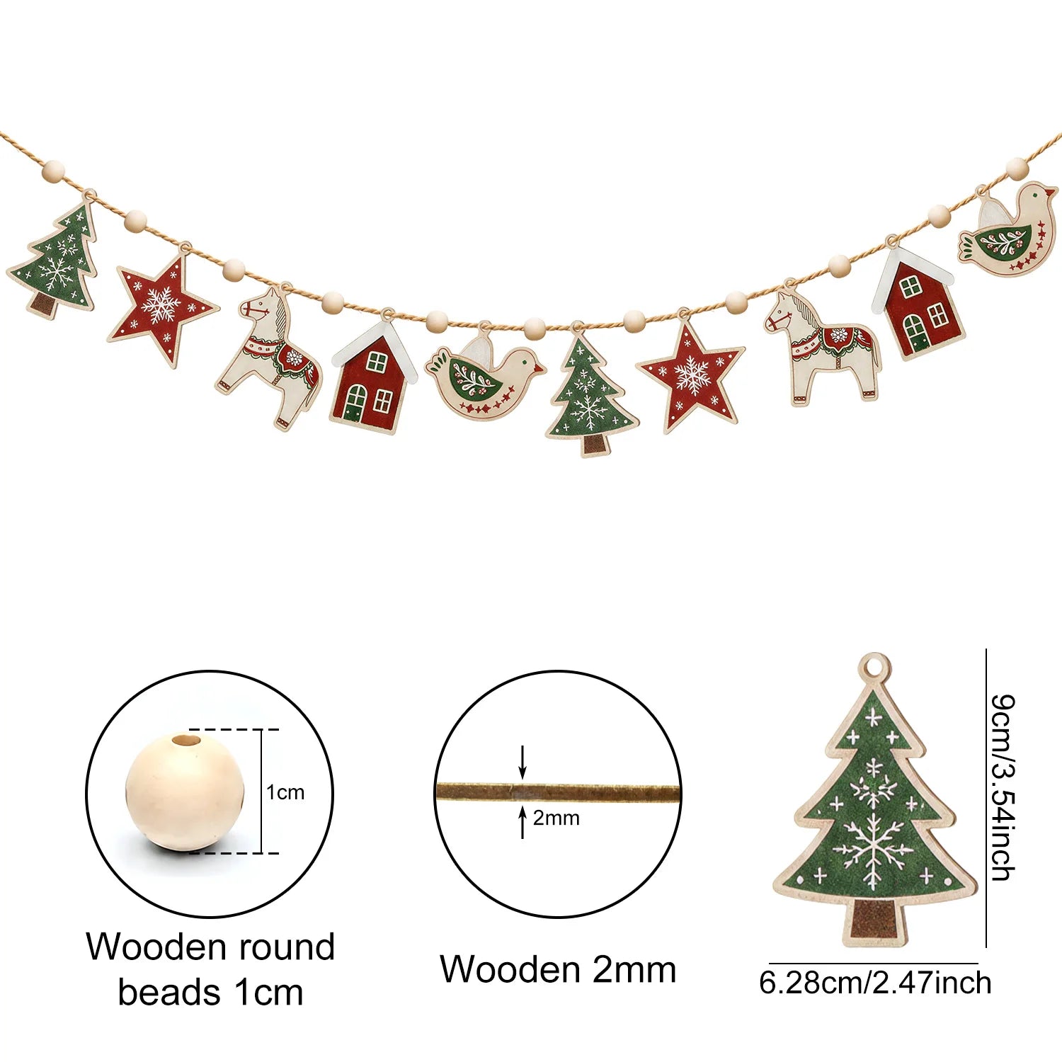 Scandinavian Christmas Wooden Garland, Wood Beads Hemp Rope, Tree Star Dala Horse for Fireplace Mantel Wall Xmas Home Decor