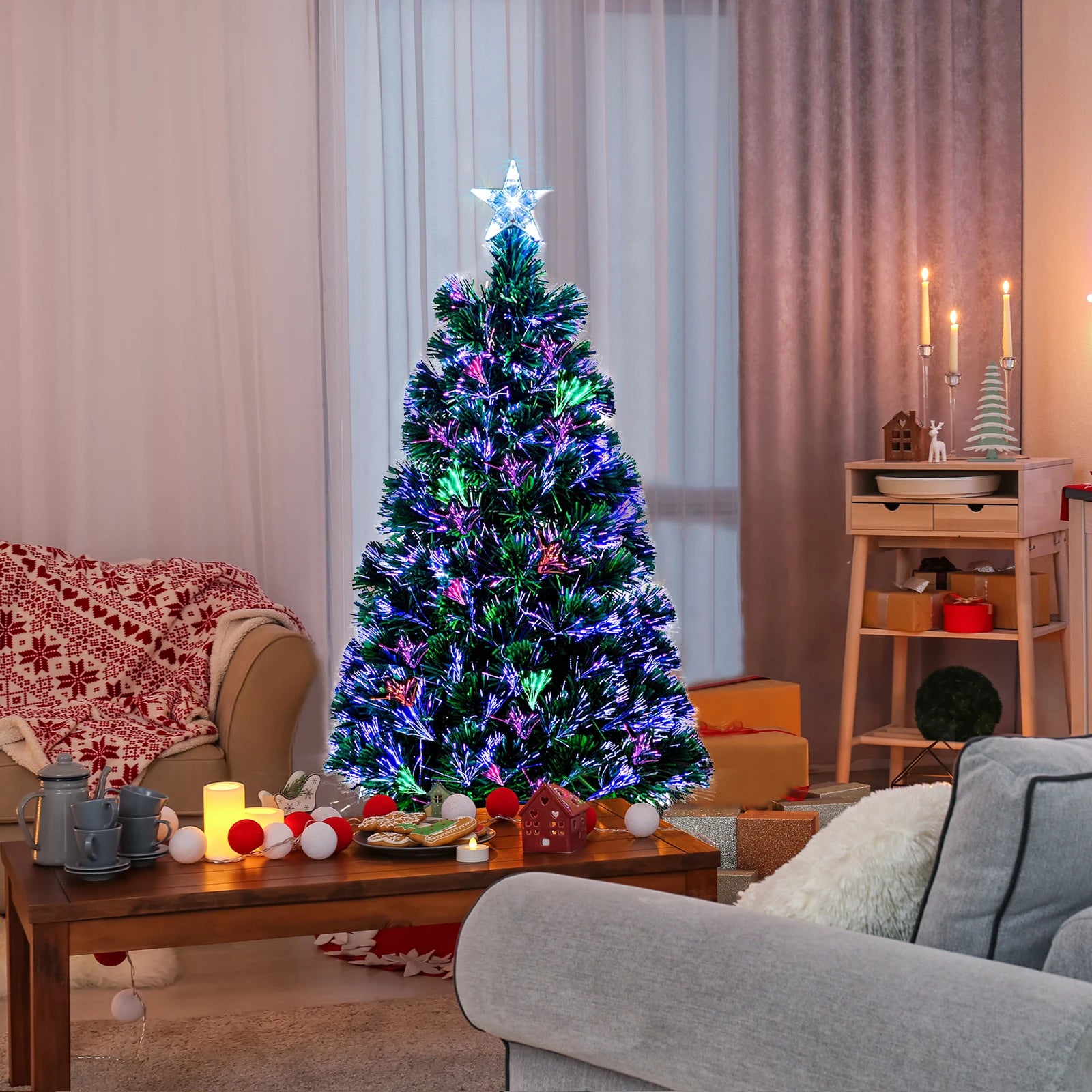 4-Foot Green Fiber Optic Christmas Tree with 120 Branches - Including PVC, Iron Frame, and Adapter - Suitable for Home, Office, Party, and Holiday Decoration - Durable, Easy to Install, Christmas Gift Box Decoration