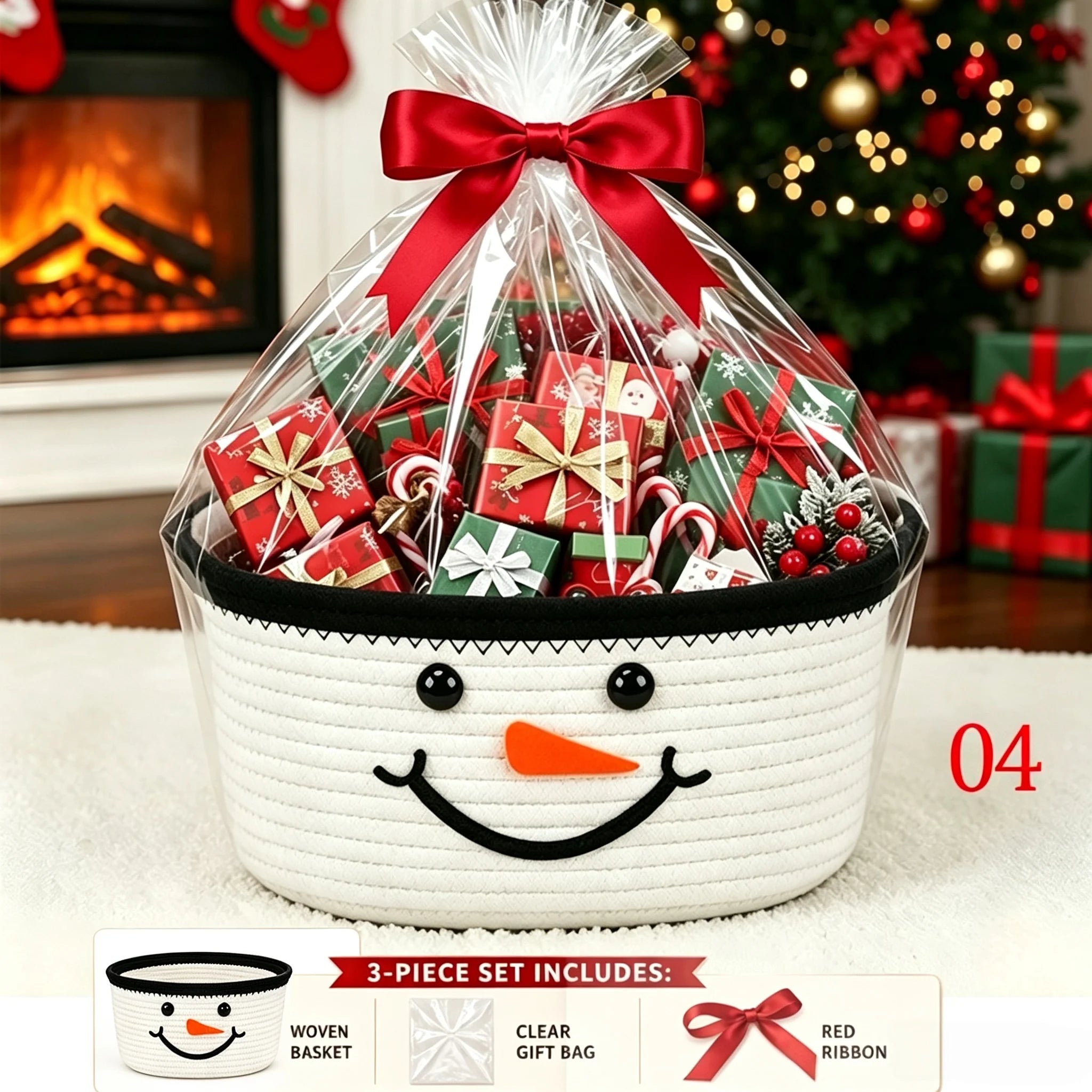 Christmas Woven Basket with Gift Bag, Ribbon Santa Emoticon Woven Storage Bin Empty Basket Holiday Decorative for Xmas Gifts