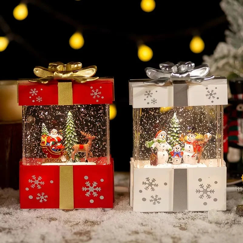 Christmas Music Gift Box Home Decoration Popcorn Scene Village Rotating Santa Statue Christmas Desktop Decor Xmas Kid Child Gift