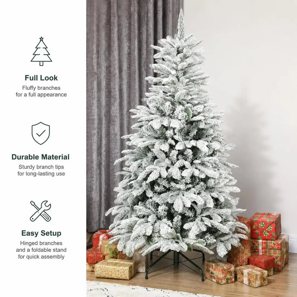 5 Ft Artificial Flocked Christmas Tree, 717 Branch Tips, Hinged Branches, Foldable Metal Stand, Easy Assembly for Home Office Holiday Decor