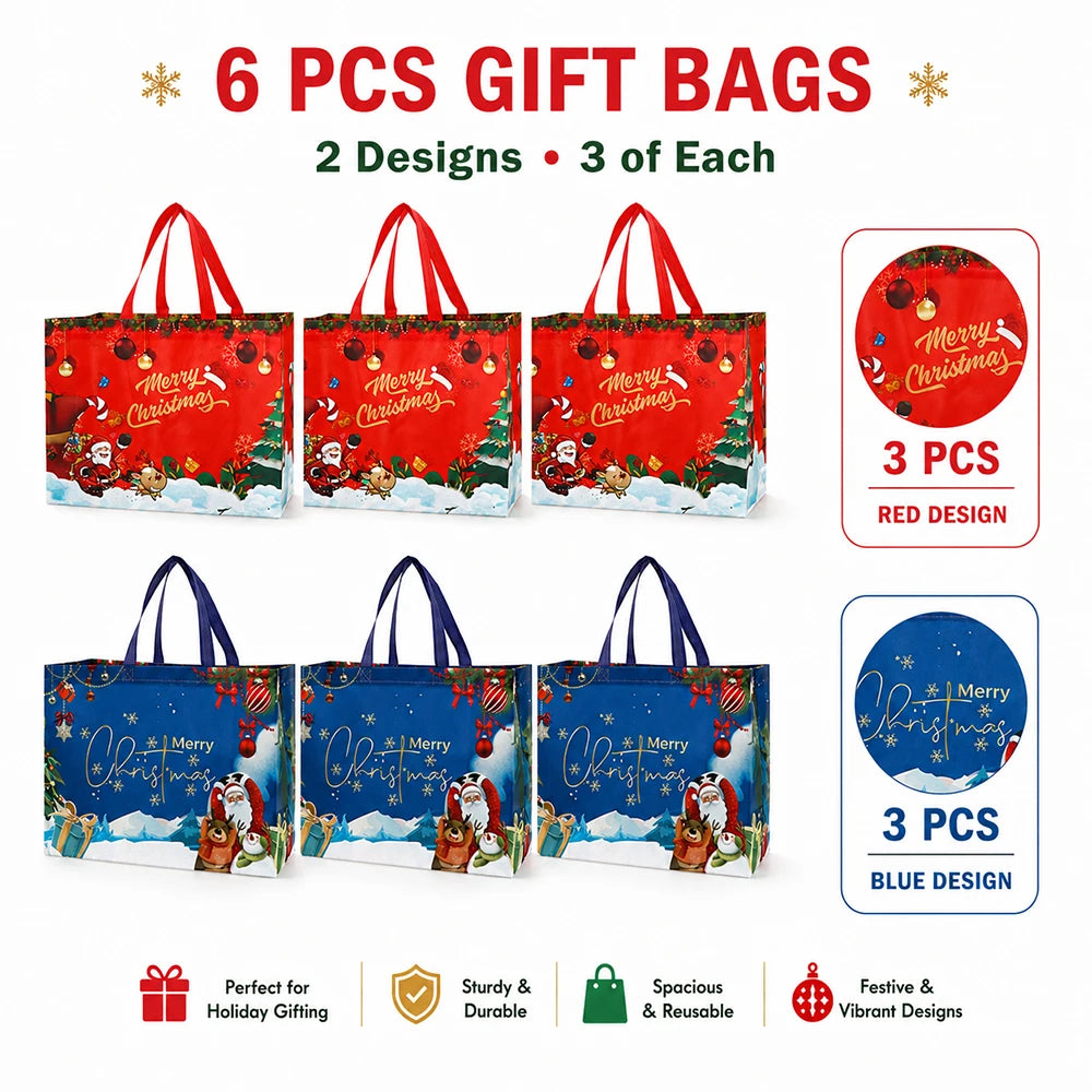 6Pcs Christmas Gift Bags Large Size Reusable Non-Woven Christmas Tote Bags with Handles Perfect for Xmas Gift Wrap Party Favor