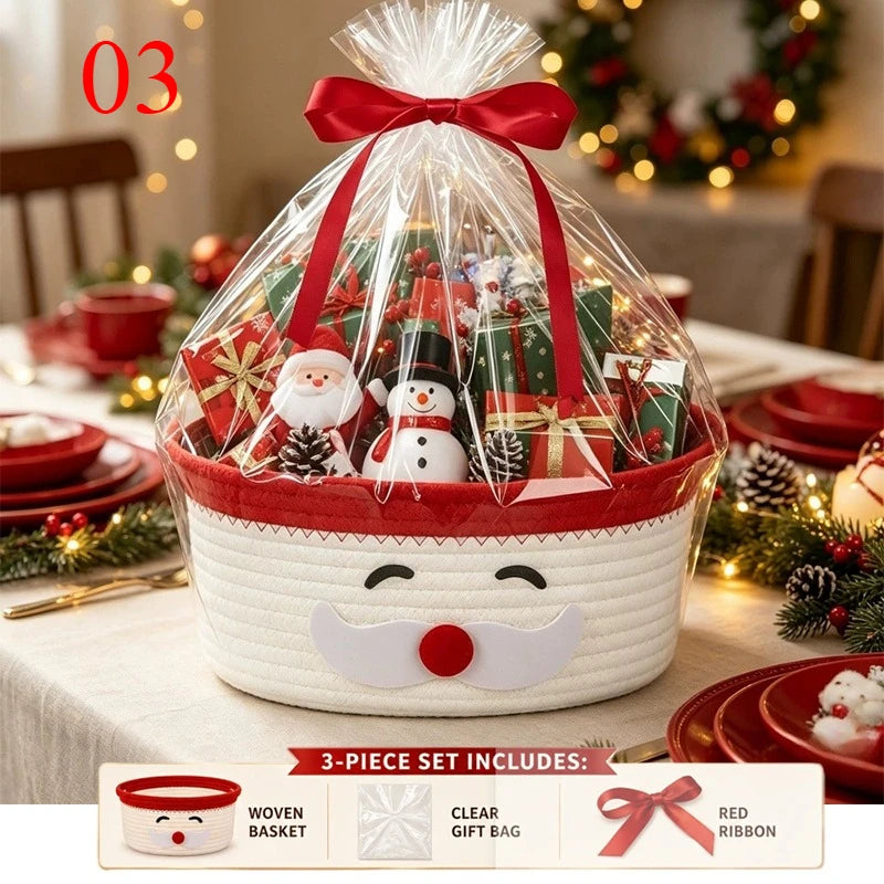 Christmas Woven Basket with Gift Bag, Ribbon Santa Emoticon Woven Storage Bin Empty Basket Holiday Decorative for Xmas Gifts