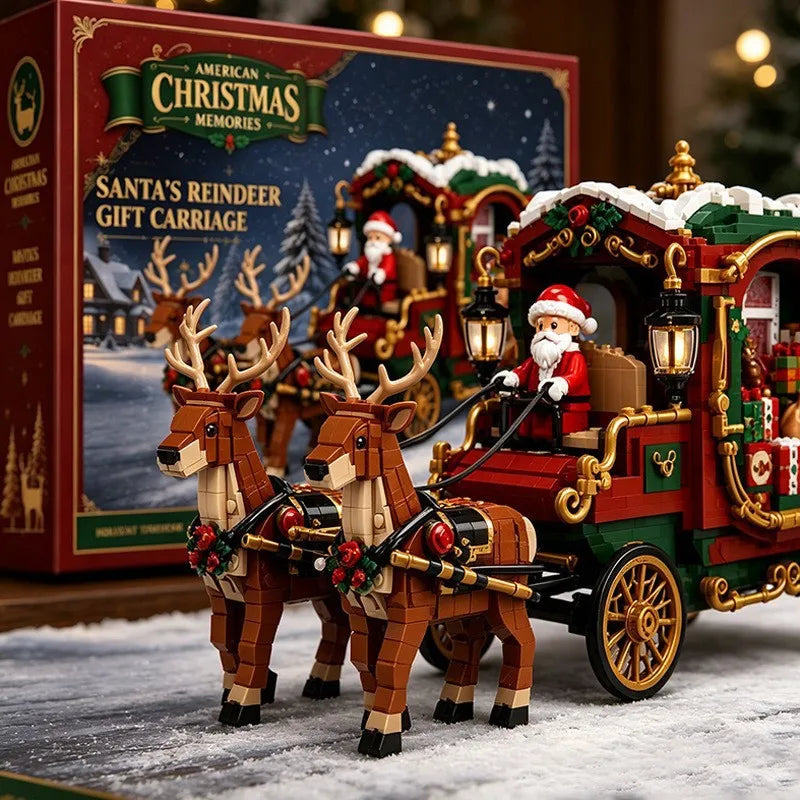 Santa Claus Reindeer Gift Sleigh Building Blocks, Christmas Theme Assembly Model, Compatible Ornament