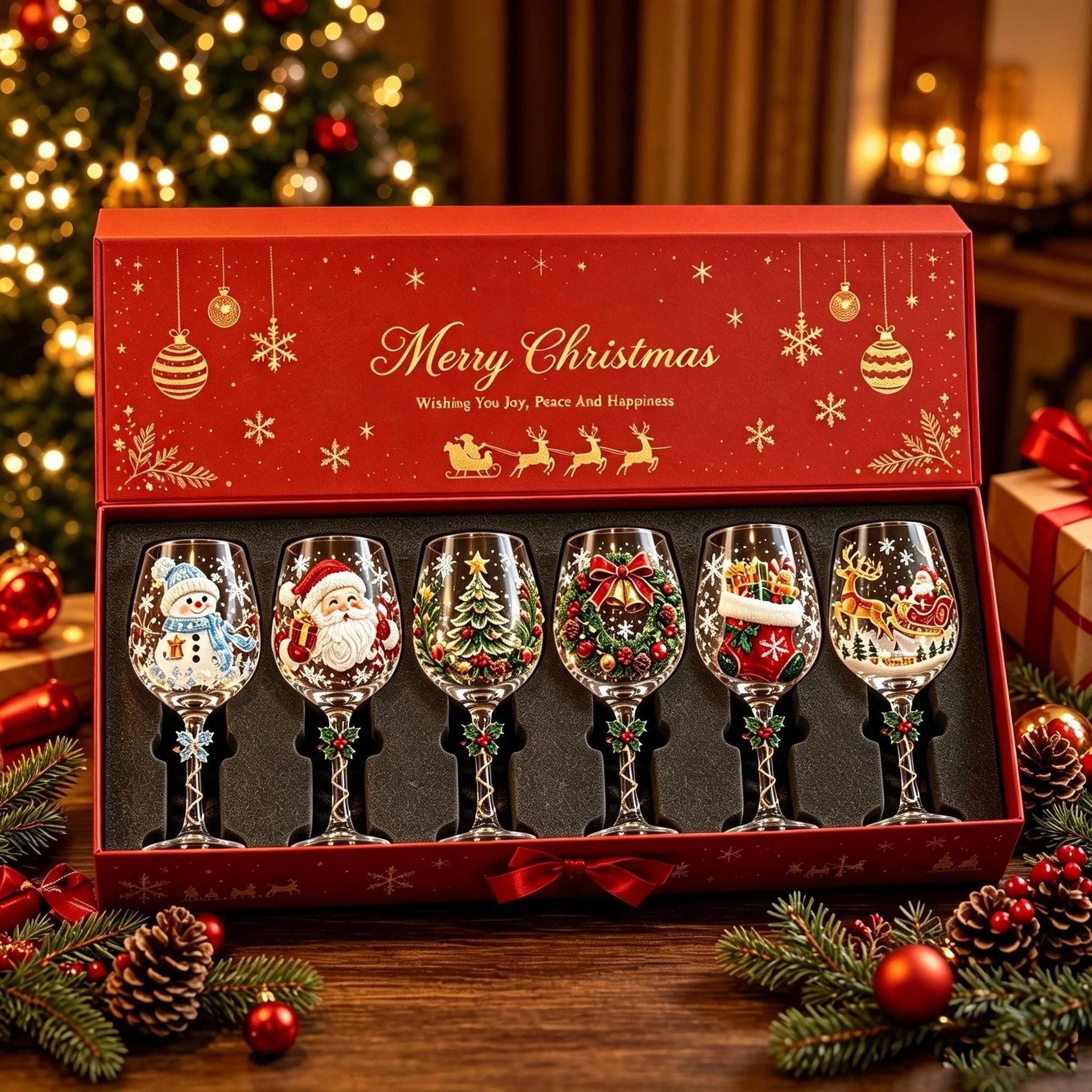 Novelty Christmas Wine Glasses Single & 6Pcs Gift Box Set,Christmas Stocking Tree Wreath Goblet for Christmas Party Decoration
