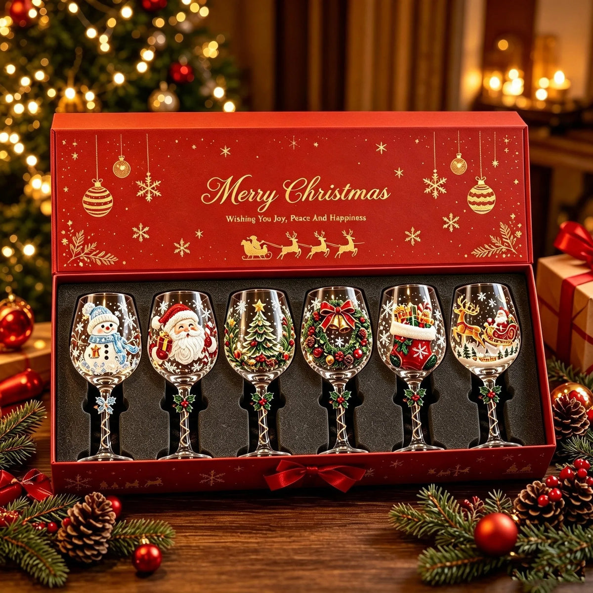 Novelty Christmas Wine Glasses Single & 6Pcs Gift Box Set,Christmas Stocking Tree Wreath Goblet for Christmas Party Decoration