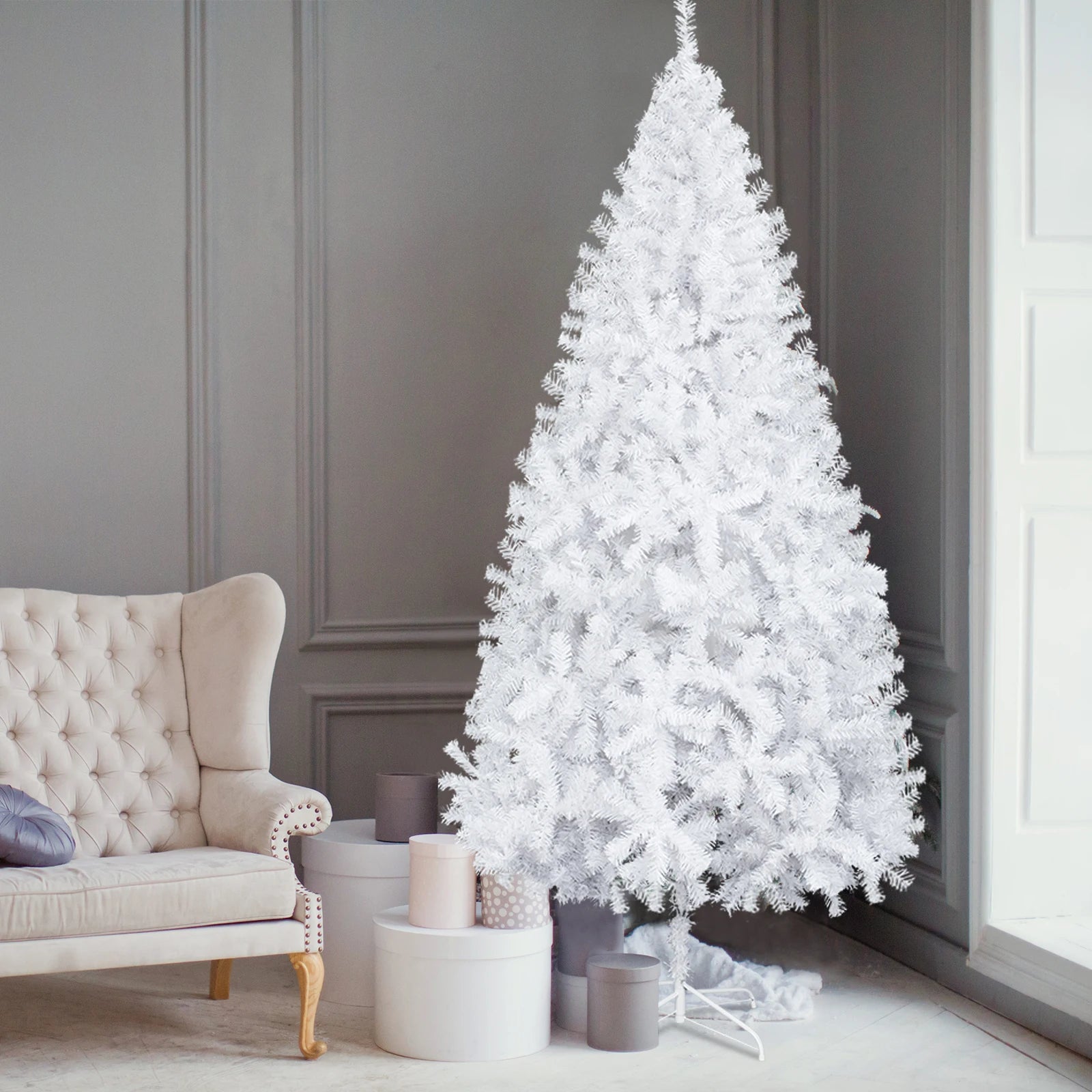 6FT Snowflake Christmas Tree – 650 Frosted PVC Tips, Metal Stand, Easy Assembly, Plush Branches, Spray White Effect, for Indoor/Outdoor Home, Office, Hotel, Villa, Party, Holiday Gift