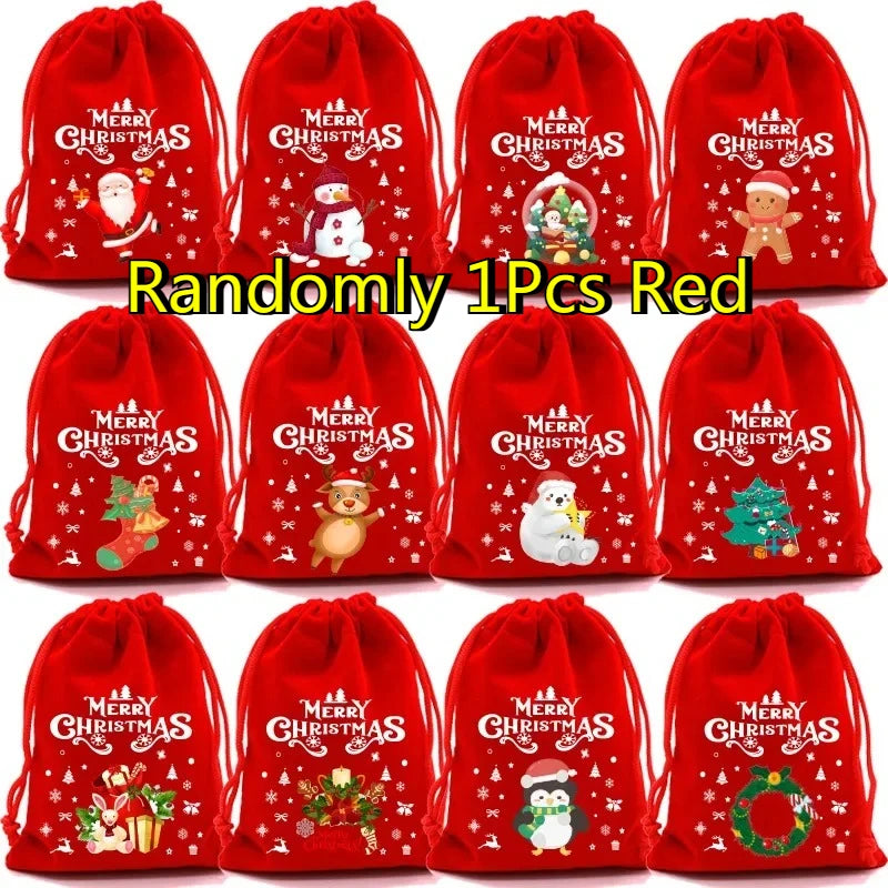 1/3/5Pcs Christmas Gift Bags 15x20cm Drawstring Pouch Santa Candy Bags Velvet Drawstring Bags for Christmas Eve Apple Gifts Bag