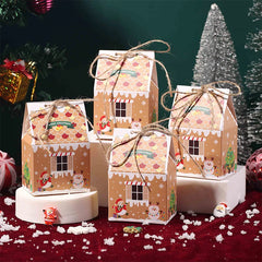 25/50Pcs Christmas House Candy Boxes Kraft Paper Gingerbread Biscuit Favor Gift Packaging Box With Rope Christmas Party Supplies
