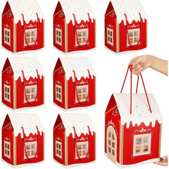1-6 Pcs Christmas House Shaped Box Retro Red Cottage Gift Box with Handle for Party Candy Favors Clear Window Paper Treat Bags