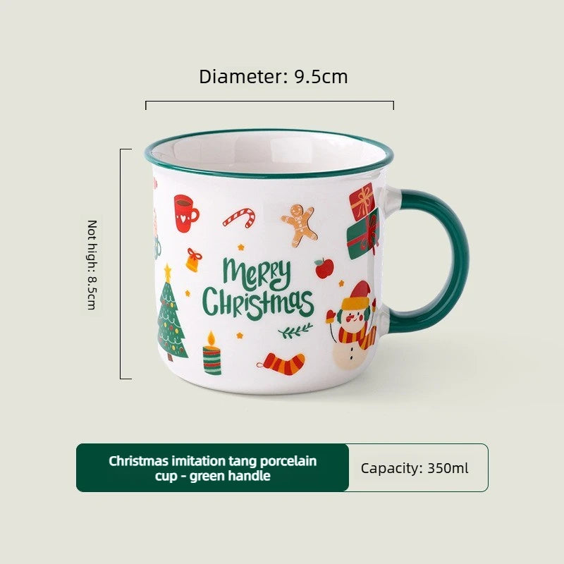Christmas Ceramic Mug with Lid and Spoon Enamel Look Cartoon Water Cup Holiday Gift Cup for Wedding Party Favor