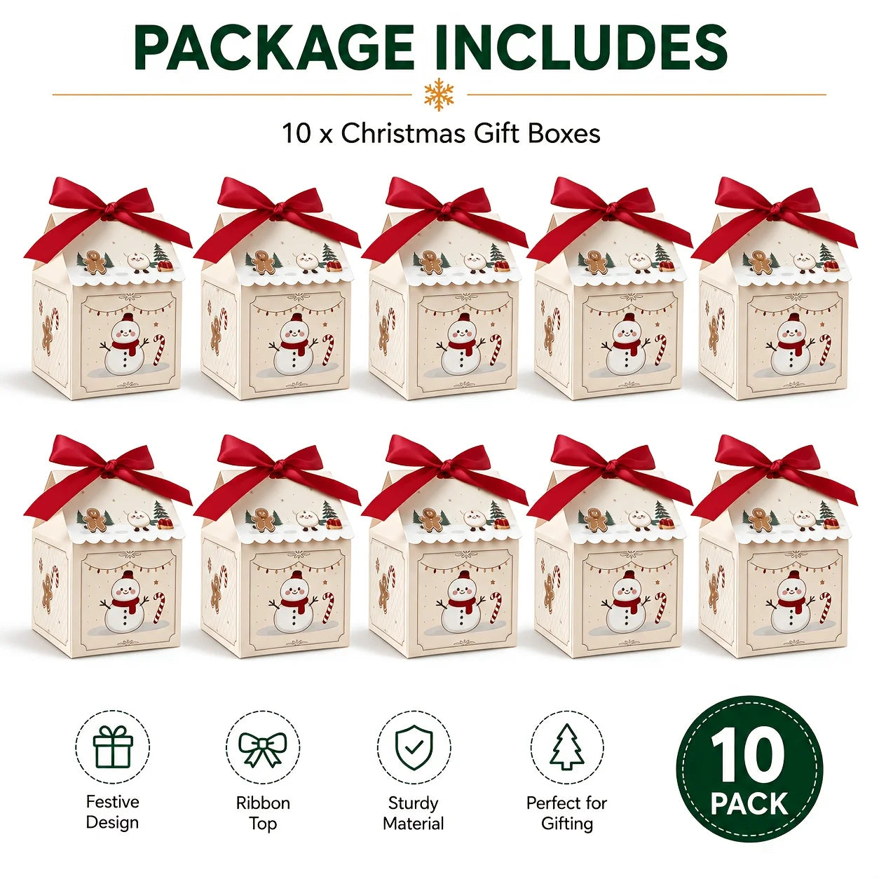 10Pcs Christmas House with Removable Roof Pre-tied Ribbons Thick Cardboard Candy Cookie Box Holiday Party Favors Gift Packaging