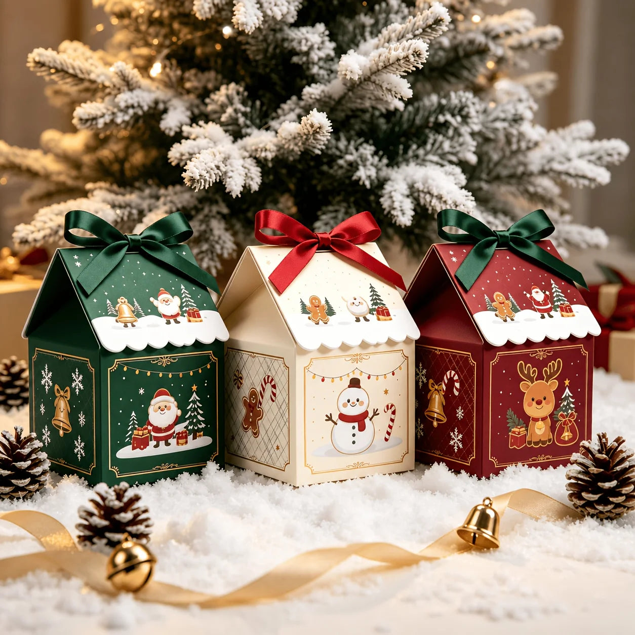 10Pcs Christmas House with Removable Roof Pre-tied Ribbons Thick Cardboard Candy Cookie Box Holiday Party Favors Gift Packaging