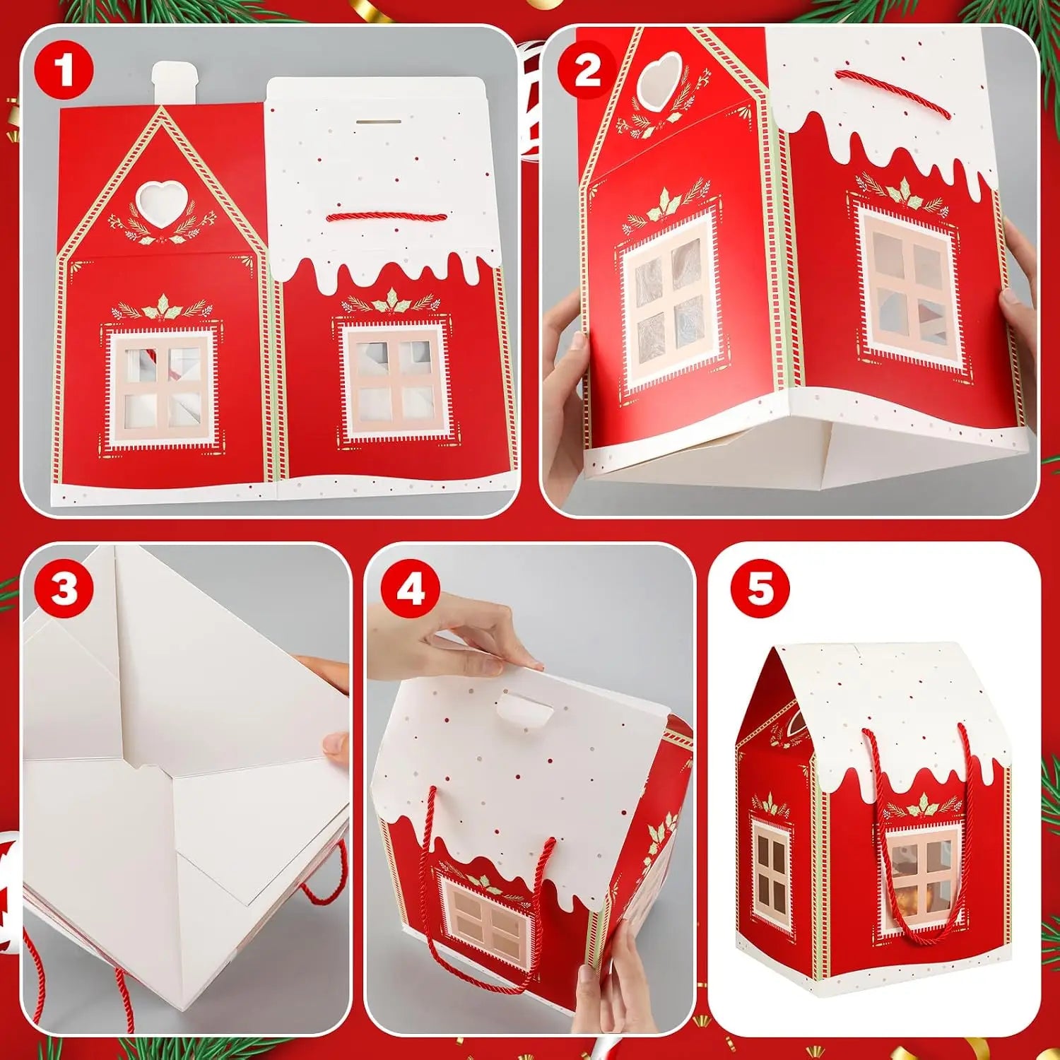 1-6 Pcs Christmas House Shaped Box Retro Red Cottage Gift Box with Handle for Party Candy Favors Clear Window Paper Treat Bags
