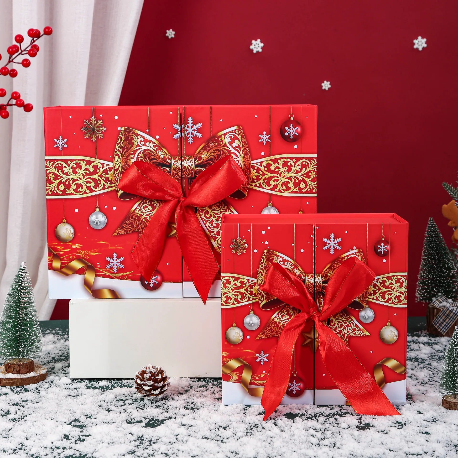 22×22×10cm Double Open Foldable Christmas Gift Box,4 Styles Empty Box for Xmas Candy Present Packaging Holiday Gift Decor