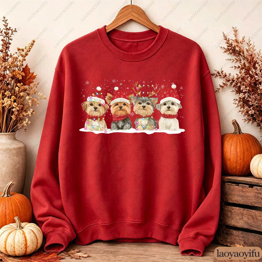 Cute Christmas Dogs Women Sweatshirt Santa Hat Graphic Pullover Autumn Winter Loose Crewneck Jumper Casual Trend Outfits