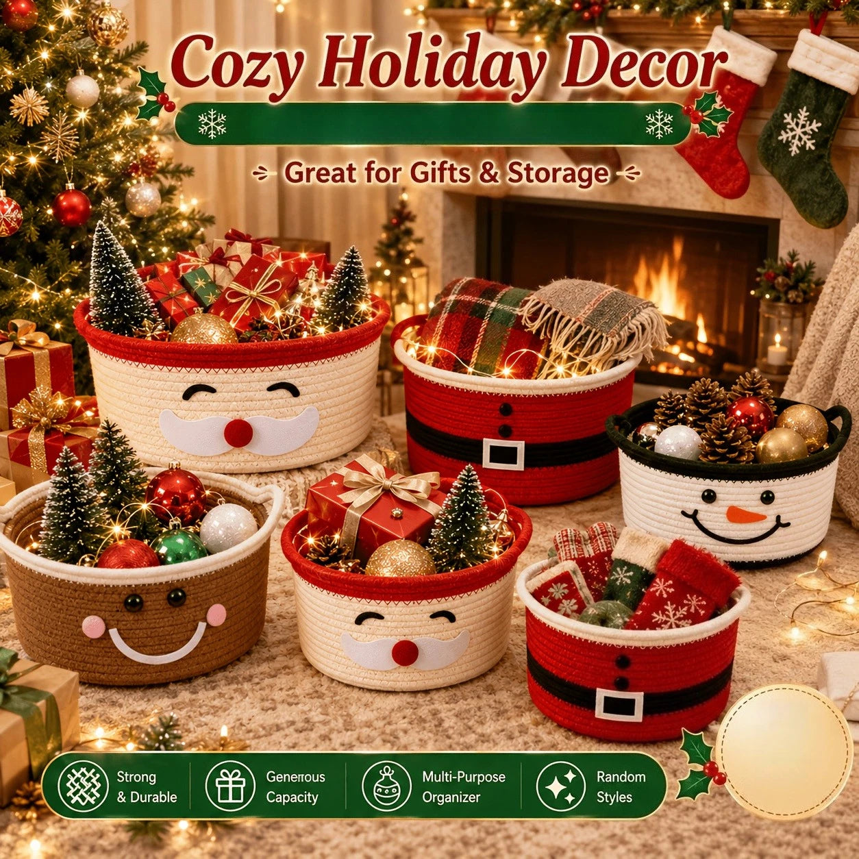 Christmas Woven Basket with Gift Bag, Ribbon Santa Emoticon Woven Storage Bin Empty Basket Holiday Decorative for Xmas Gifts