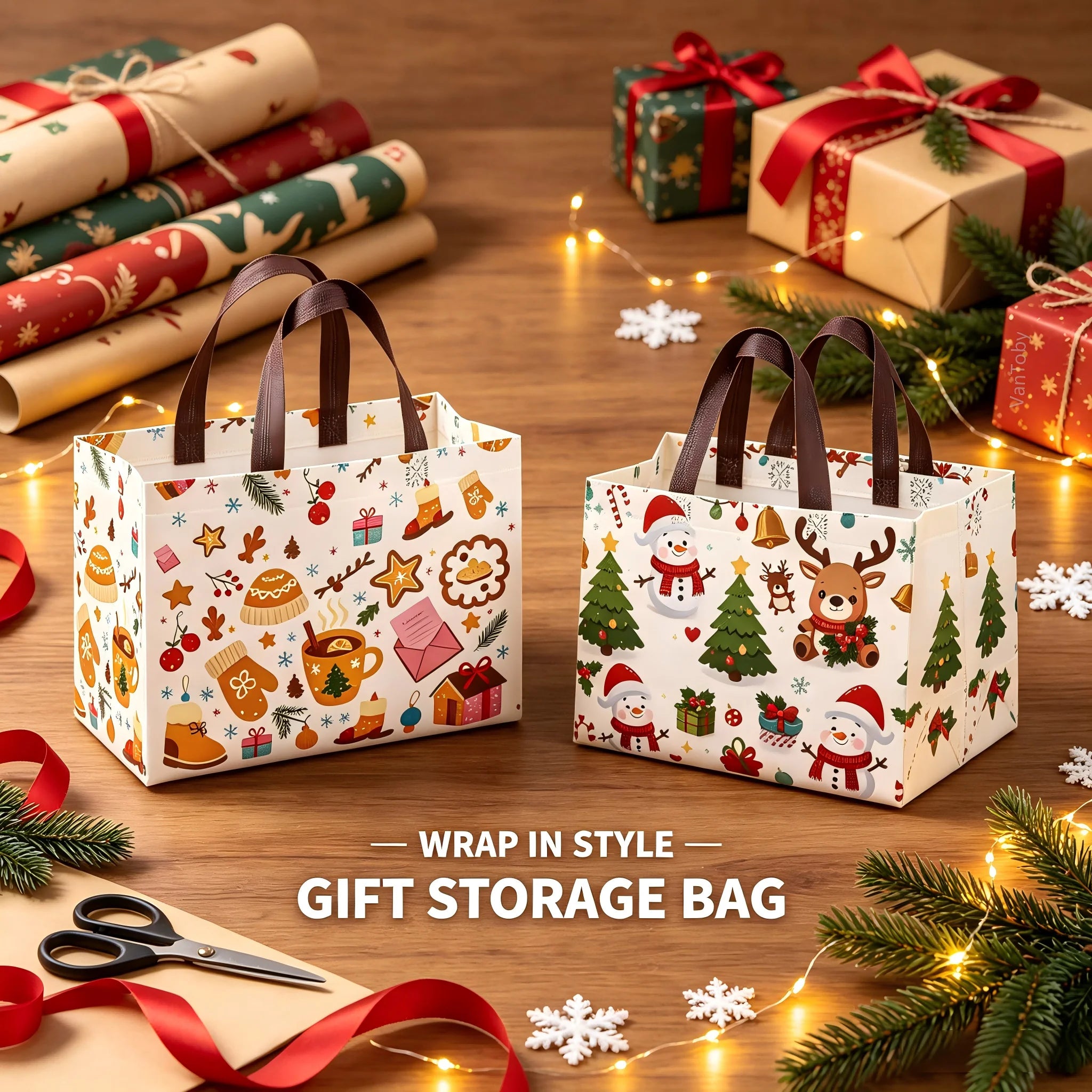 4/8pcs Christmas Handbags with Handles,Santa Reindeer Bell Pattern Reusable Gift Bags,Shopping Bags,Party Gift Bags