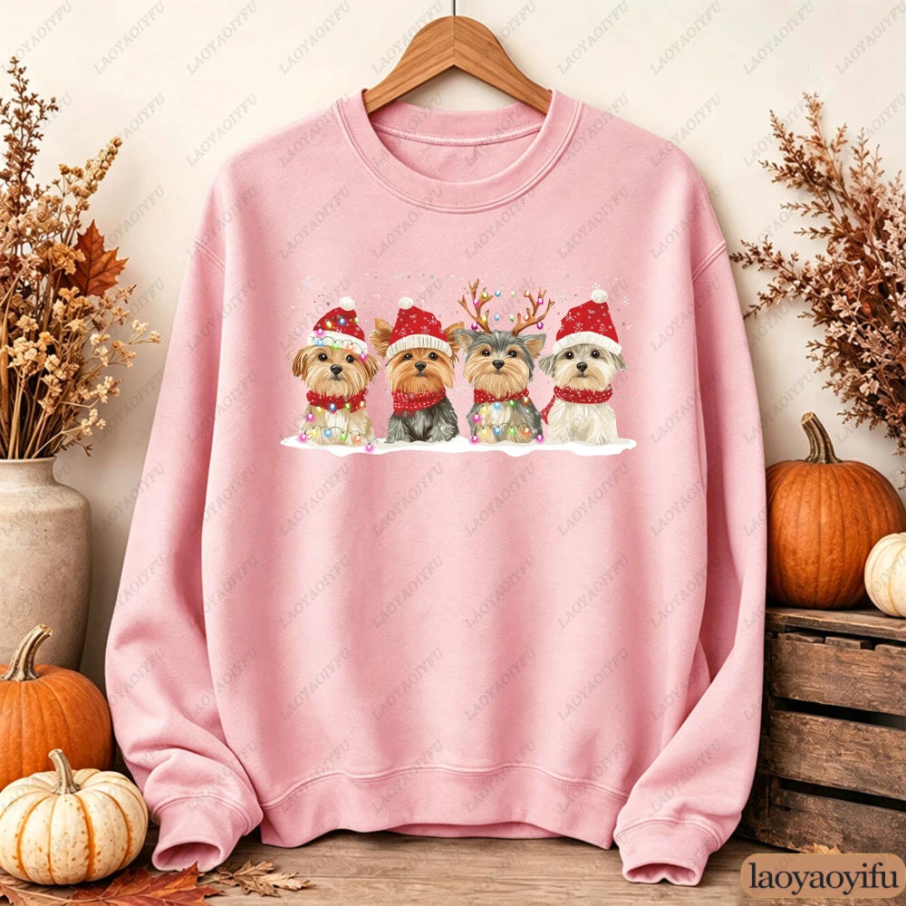 Cute Christmas Dogs Women Sweatshirt Santa Hat Graphic Pullover Autumn Winter Loose Crewneck Jumper Casual Trend Outfits