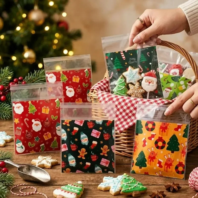 300/100PCS Christmas Cookies Bags Clear Opp Gift Packaging Bag Candy Snack Gift Bags Santa Flower Wreath Printed Pattern Decor