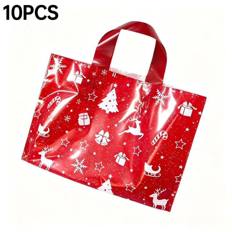 10 Pcs Christmas Gift Bags Mixed Plastic Tote Bags Reusable Candy Packaging Bags For Xmas Party Holiday Decor Friend Gifts