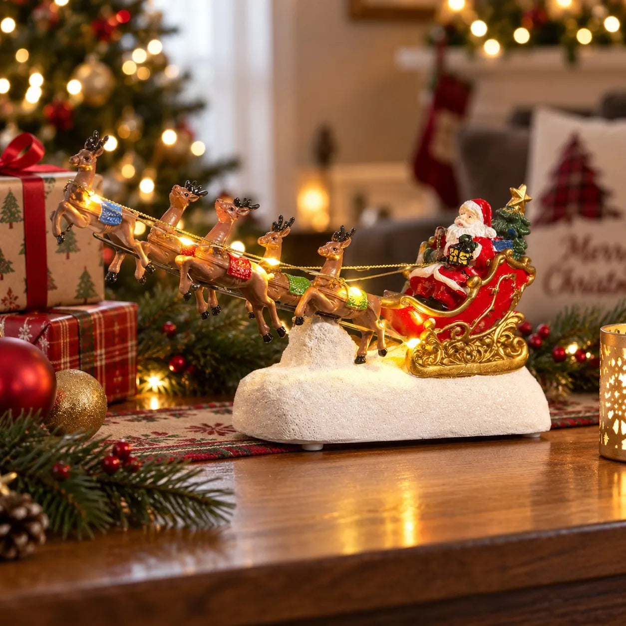 Christmas Village Decoration Santa Sleigh Reindeer Figurine Lighted Musical Christmas Fireplace Tabletop Holiday Home Decor Gift