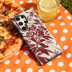 Burgundy Floral Print Phone Case for Samsung Galaxy S25 Ultra S24 S23 Ultra Plus Glossy Double-layer Back Cover